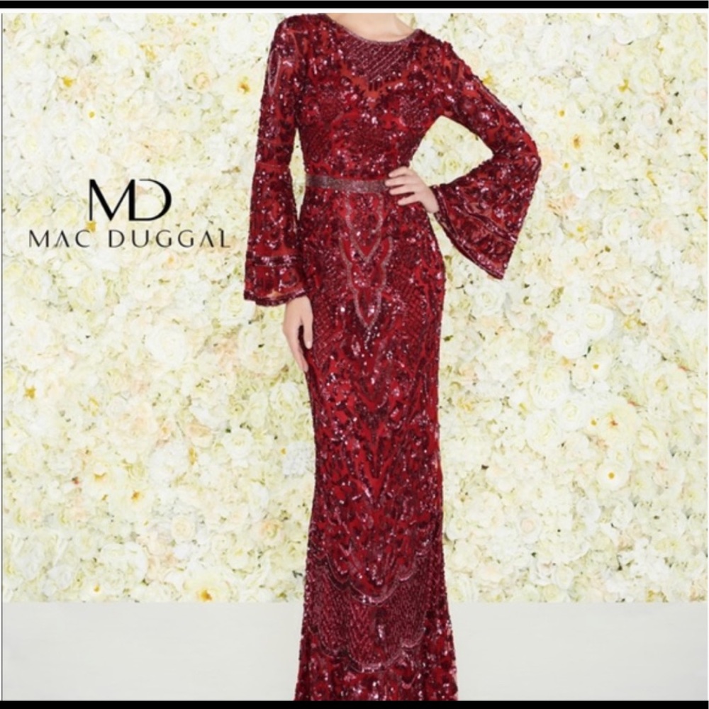 Mac duggal 4576D Red long sleeve sequin gown